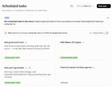 Danh sách task chạy tự động theo lịch trên Claude — scan Gmail, tổng hợp báo cáo, ghi work log